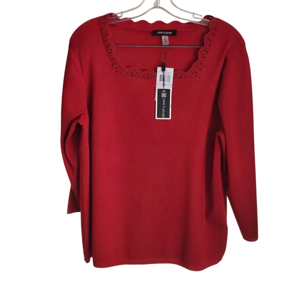 Cable & Gauge Refined Casual Red Sweater 1X NWT Rhinestone Scalloped Neckline